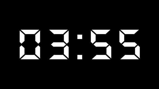 Digital 4 minute Countdown .Digital timer animation is a 1-minute countdown from 4 to 3 minutes. timer counting down minutes and seconds , educational 4K video with alpha channel.