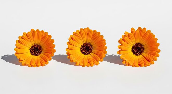 Three Vibrant Orange Calendula Flowers in a Row on White Background.