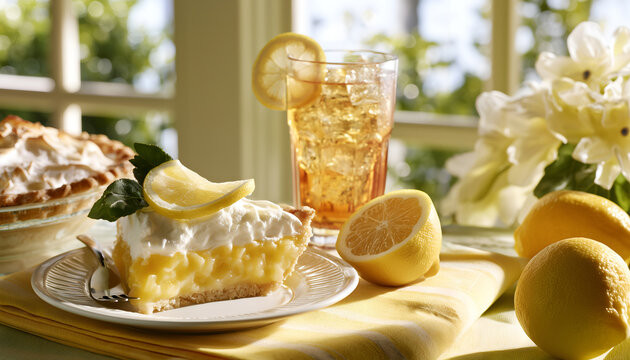 Creative food template. Lemon Meringue cream curd tart tartlet pie pastry dessert sliced with fruit and iced tea on bright sunlight, country house kitchen by window. copy text space