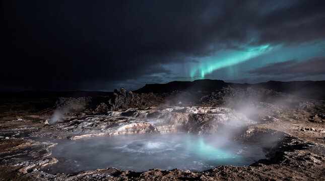 Nighttime Geothermal Field with Aurora Reflection