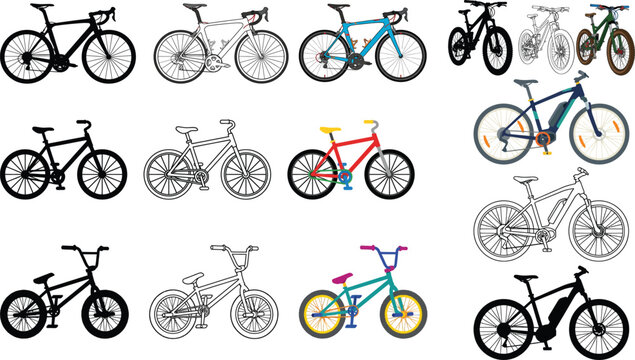 Collection of various bicycle types including road mountain and electric bikes
