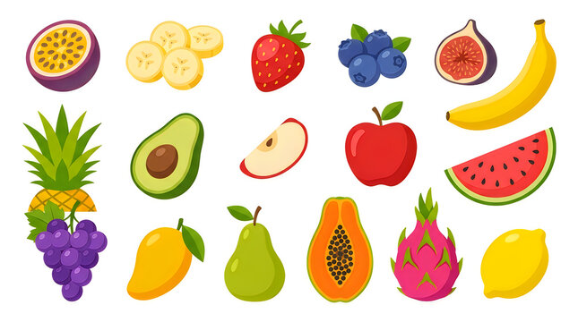 Set of fresh healthy colorful fruits and berries including banana strawberry apple pineapple watermelon and mango vector illustration