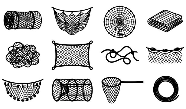 Fishing Net and Fishery Equipment Vector Illustration Set