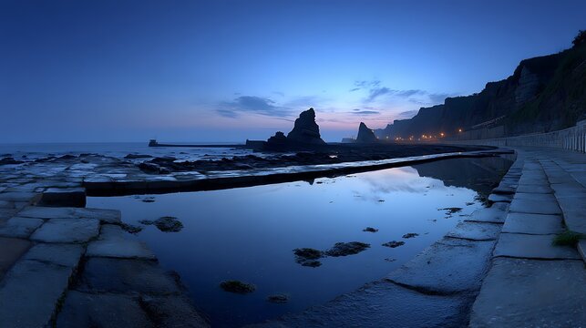 Rocky coastline with sea stacks and tidal pool reflection at dusk
