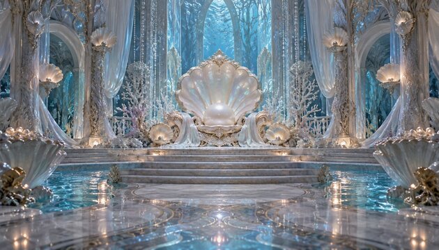 Underwater pearl palace with giant shell throne and coral decor