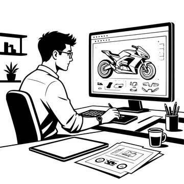 Black and white vector SVG of young man designing a futuristic electric motorcycle with CAD software