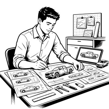Black and white vector SVG of young man designing a custom pickup truck with automotive sketches and tools