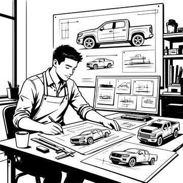 Black and white vector SVG of young man designing a custom pickup truck with automotive sketches and tools