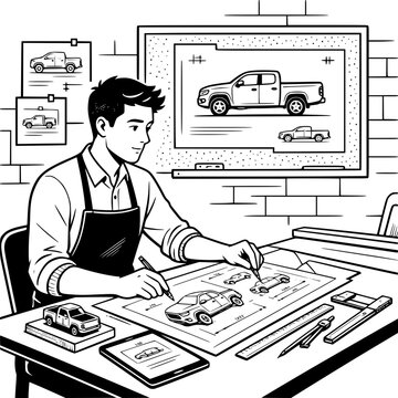 Black and white vector SVG of young man designing a custom pickup truck with automotive sketches and tools