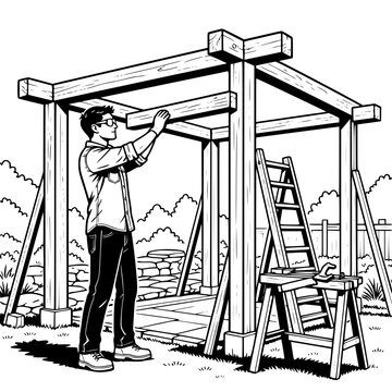 Black and white vector SVG of young man constructing a decorative garden pavilion from wooden beams