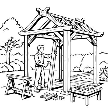 Black and white vector SVG of young man constructing a decorative garden pavilion from wooden beams
