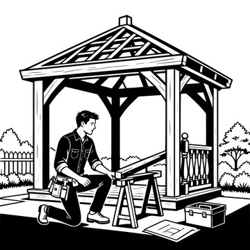 Black and white vector SVG of young man constructing a decorative garden pavilion from wooden beams