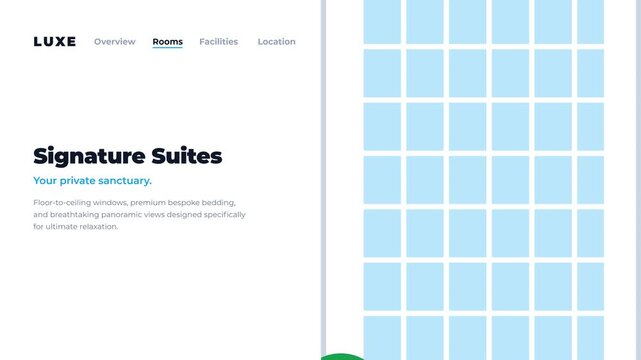 Frame-by-frame animated navigation menu with seamless zoom and pan transitions over a high-resolution stylized hotel illustration.