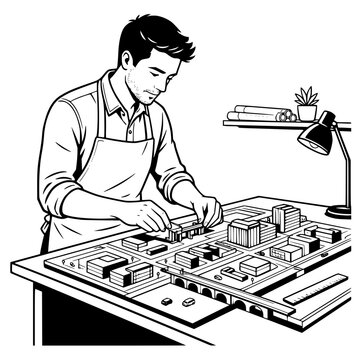 Black and white vector SVG of young man assembling a detailed architectural city model with roads, buildings, bridges, and vehicles