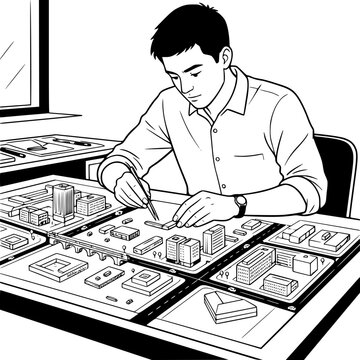 Black and white vector SVG of young man assembling a detailed architectural city model with roads, buildings, bridges, and vehicles