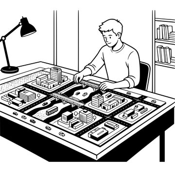 Black and white vector SVG of young man assembling a detailed architectural city model with roads, buildings, bridges, and vehicles