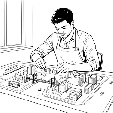 Black and white vector SVG of young man assembling a detailed architectural city model with roads, buildings, bridges, and vehicles