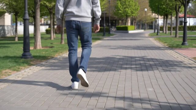 Rear view of a person in a gray hoodie, blue jeans and white sneakers walking along a sunlit paved park path lined with trees and lamp posts