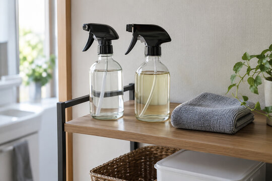 Refillable cleaning spray bottles and microfiber cloth on a shelf