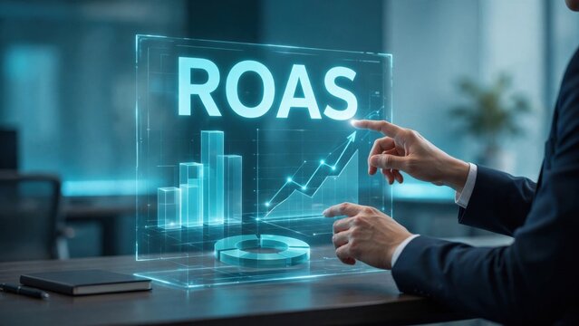 Businessman analyzing financial growth chart on transparent screen with ROAS data during office meeting