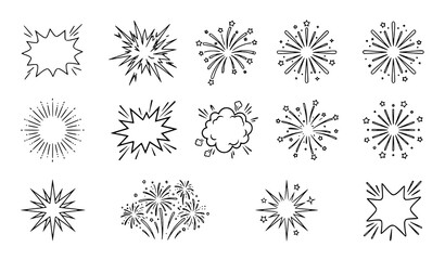 Vector explosion and firework line shapes set with comic burst, starburst, sunburst, smoke cloud and sparkle outlines for celebration, party and holiday designs © mst