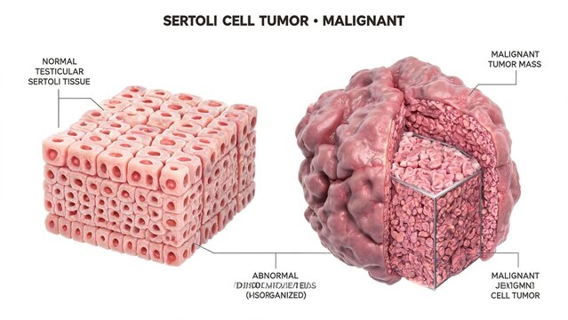 Malignant Sertoli cell tumor comparative medical illustration, normal testicular Sertoli tissue vs disorganized malignant tumor mass