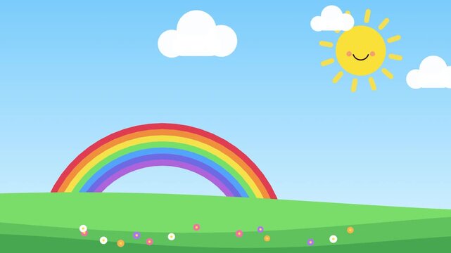 Animated sun smiling in blue sky above colorful rainbow on green grass field with fluffy white clouds moving