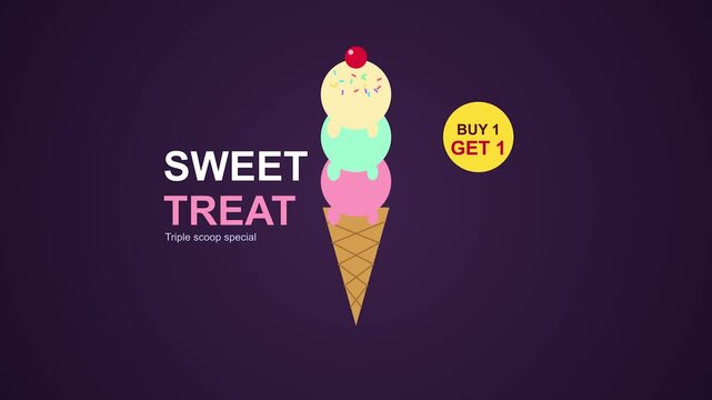 Animated triple scoop ice cream cone with sweet treat text overlay and buy one get one offer graphic motion