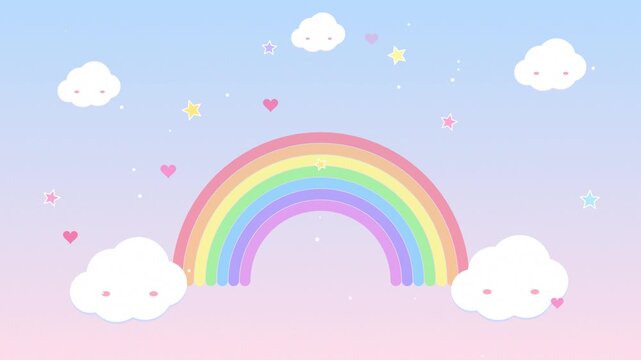 Animated pastel rainbow with floating clouds and twinkling stars in soft blue sky whimsical vector background