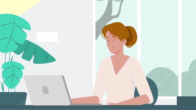 Frustrated woman working on laptop at office desk looking at menstrual cycle calendar tracker app animation video