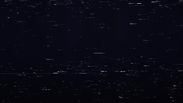 VHS tape noise overlay with white dropout specks and streaks on dark navy, subtle analog video damage texture, seamless loop