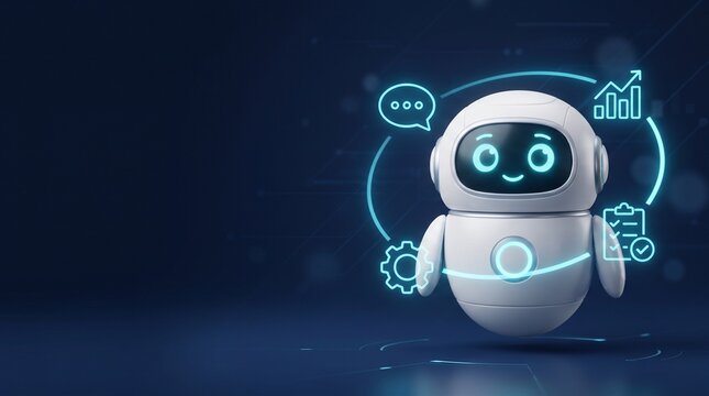 Cute white spherical AI robot assistant with glowing cyan eyes surrounded by orbiting neon icons for chat, analytics growth, settings and checklist on dark blue background with copy space