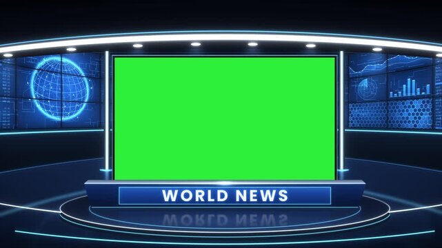 Virtual news studio with green screen video wall and World News desk, blue TV broadcast set background with camera push in