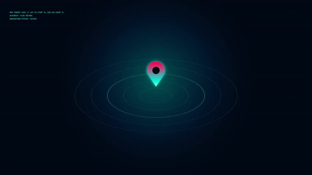 Futuristic 4K cyberpunk HUD location map motion loop with a glowing 3D location pin marker, radar grid floor and target range rings for GPS navigation, tracking apps and urban mobility concepts