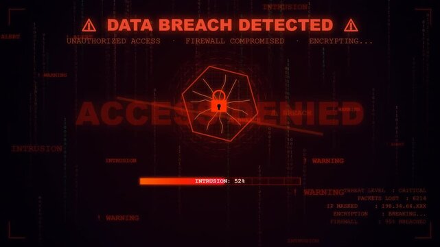 Intense dark cyberpunk data breach and hacker intrusion motion graphics loop with binary code rain columns, access denied alerts, glitch interference and firewall breach for cybersecurity themes