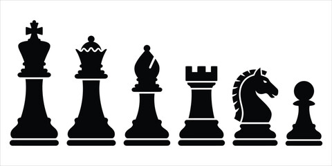 Set of black chess piece silhouettes including king queen bishop rook knight and pawn with chess pieces board game strategy game flat design graphic design mental skill corporate strategy © RS RASEL