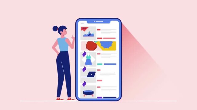 Animated flat vector woman shopping online with giant smartphone display video clip for e commerce concept