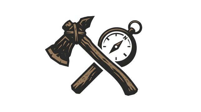 Vintage wooden axe and compass illustration for outdoor adventure