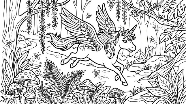Winged unicorn flying through a magical forest coloring page