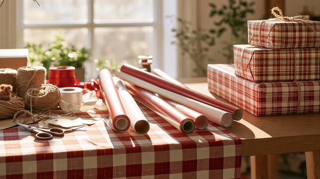 A sunlit craft table holds twine scissors and holiday parcels