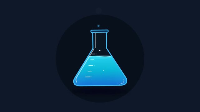 Laboratory flask icon with blue liquid inside displayed on dark circular background