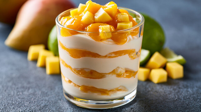 Fresh mango cubes and lime flank a colorful parfait