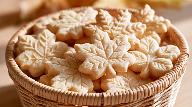 Carved leaf patterns mark autumn cookies in a basket