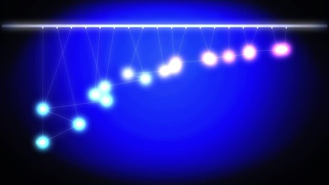 Neon wave pendulum balls swinging in rhythmic sync across dark blue background motion physics demonstration clip