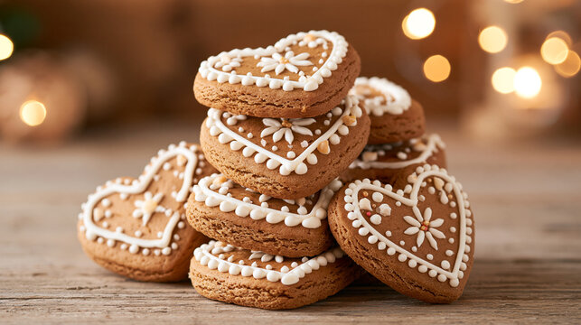 A decorated biscuit leans against a pile of baked hearts