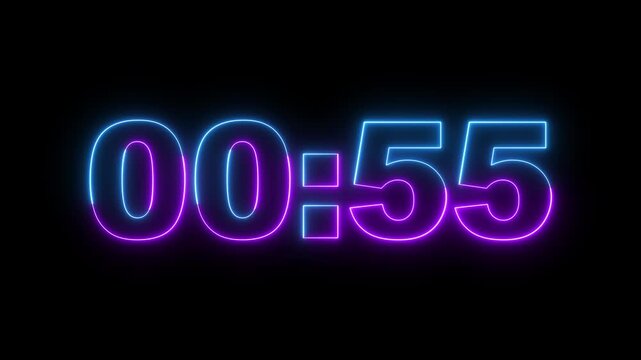 Neon digital countdown 01 to 00 minutes timer clock, glowing purple and blue glowing numbers on black background. 4k video motion graphic animation. 