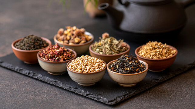 A tea tasting spread shows leaves flowers and seeds