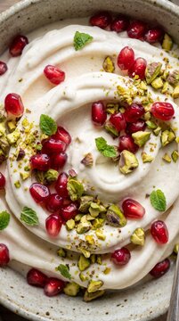 Exotic pomegranate pistachio frozen yogurt tropical indulgent sweet creamy fruity dessert rustic delight