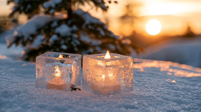 Snow covered branches frame warm light within ice cubes