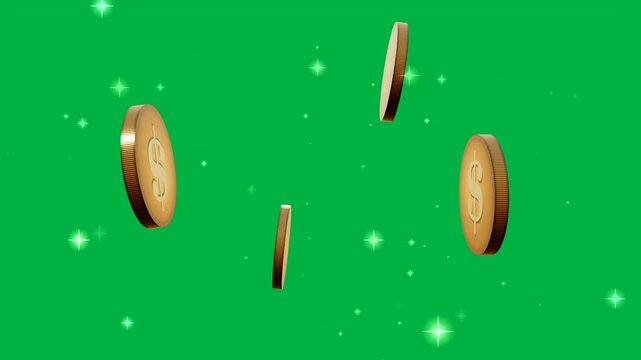 Rotating gold dollar coins with embossed dollar sign floating and sparkling on pure green screen chroma key background, finance, wealth and jackpot overlay for video compositing